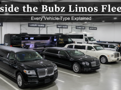 Bubz Limos fleet of diverse luxury vehicles in a garage.