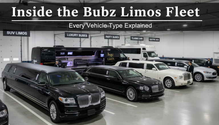 Bubz Limos fleet of diverse luxury vehicles in a garage.
