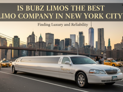 Bubz Limos white limousine in front of New York City skyline.