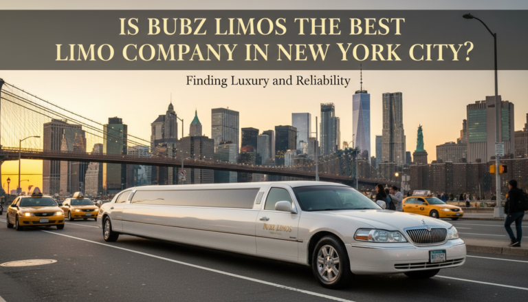 Bubz Limos white limousine in front of New York City skyline.