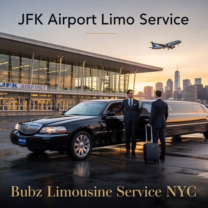 Black limousine at JFK Airport with New York City skyline.