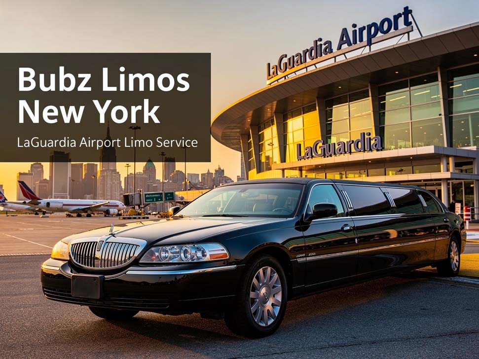 Black limousine parked outside LaGuardia Airport with NYC skyline.