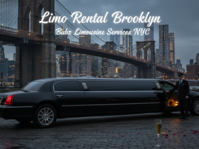 Limo Rental Brooklyn: Chauffeur, black limousine, NYC skyline.