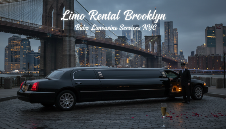 Limo Rental Brooklyn: Chauffeur, black limousine, NYC skyline.