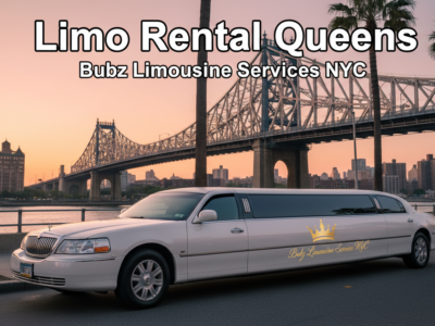 White limousine, Queensboro Bridge, sunset, Limo Rental Queens.