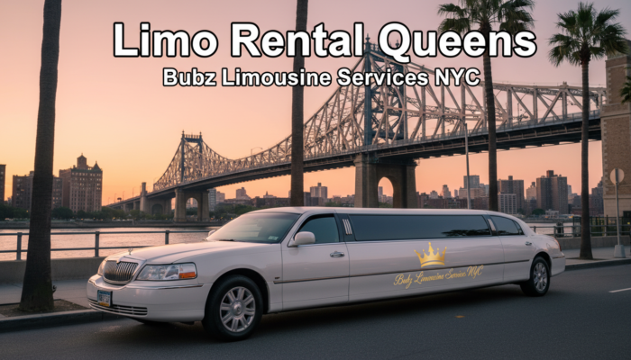 White limousine, Queensboro Bridge, sunset, Limo Rental Queens.