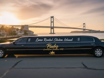 Black limousine for Staten Island rental with bridge at sunset.