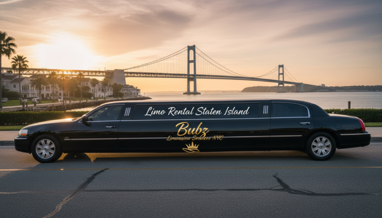 Black limousine for Staten Island rental with bridge at sunset.