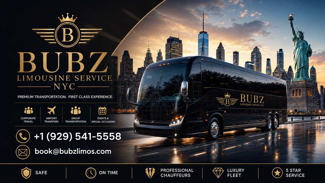 BUBZ Limousine Service NYC luxury charter bus with city skyline.