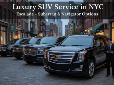 Luxury black SUVs and chauffeur on New York City street.