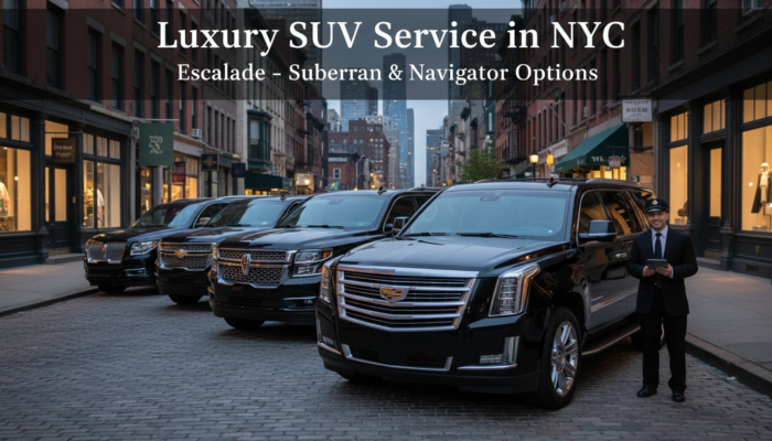 Luxury black SUVs and chauffeur on New York City street.