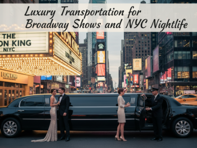 Luxury limousine and chauffeur outside Broadway theater in NYC.