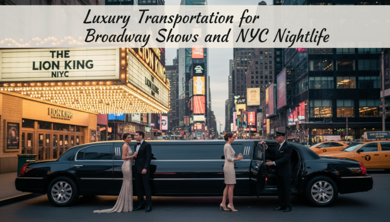 Luxury limousine and chauffeur outside Broadway theater in NYC.