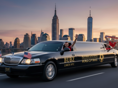Stretch limousine carrying sports fans against the NYC skyline.