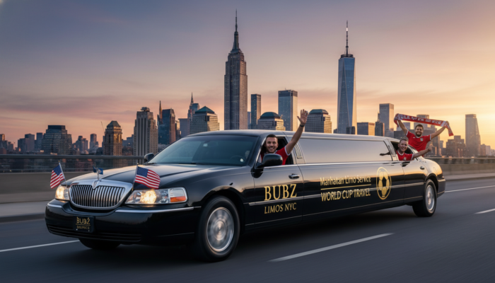Stretch limousine carrying sports fans against the NYC skyline.