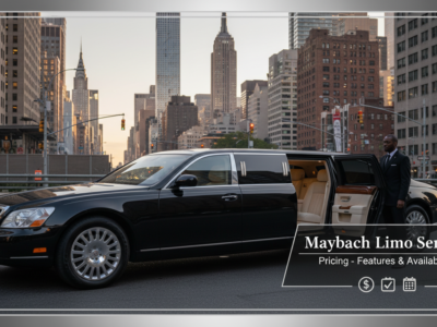 Black Maybach limo service with chauffeur in city.
