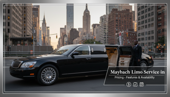 Black Maybach limo service with chauffeur in city.