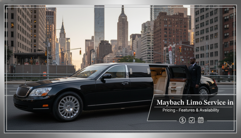 Black Maybach limo service with chauffeur in city.
