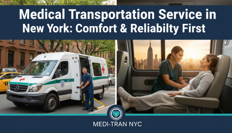 New York medical transport with staff ensuring patient comfort.