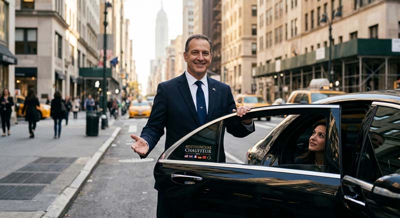 Chauffeur opening car door for passenger on NYC street.