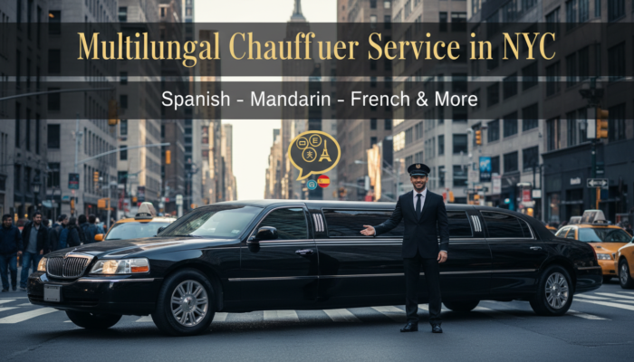 Multilingual chauffeur service in NYC with limousine and driver.