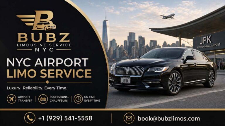 Bubz Limousine Service NYC airport transfer ad with luxury car