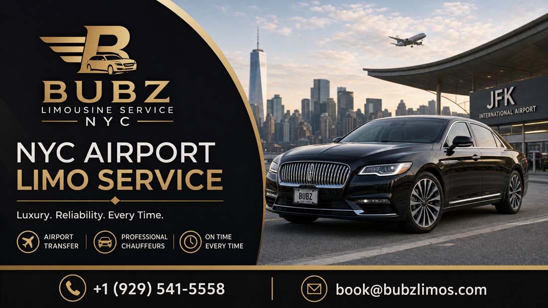 Bubz Limousine Service NYC airport transfer ad with luxury car