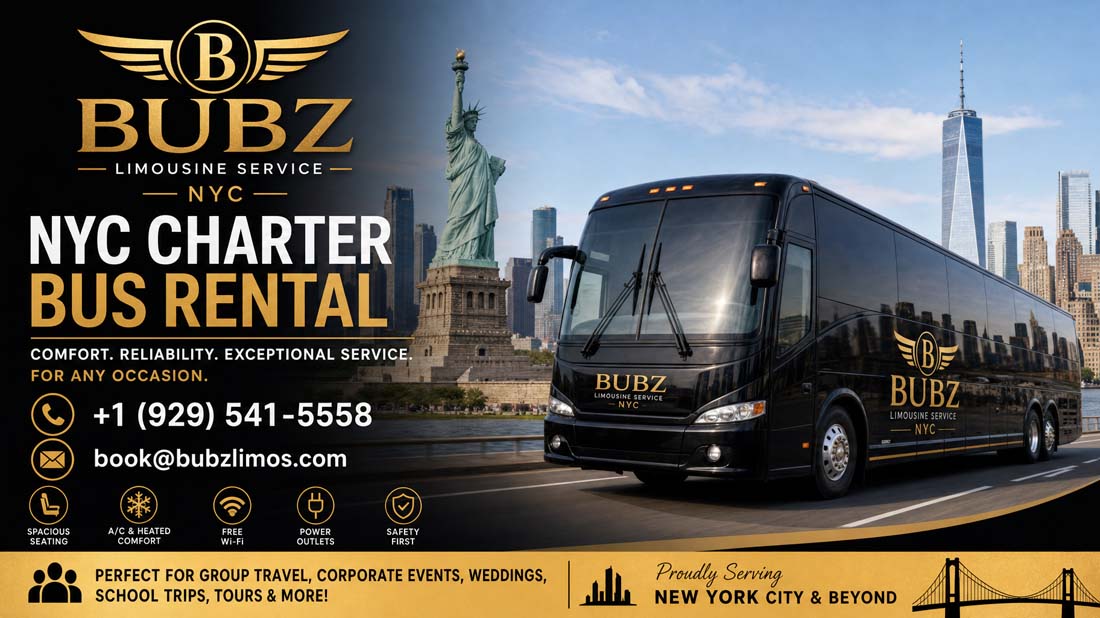 BUBZ Limousine Service NYC charter bus rental advertisement.