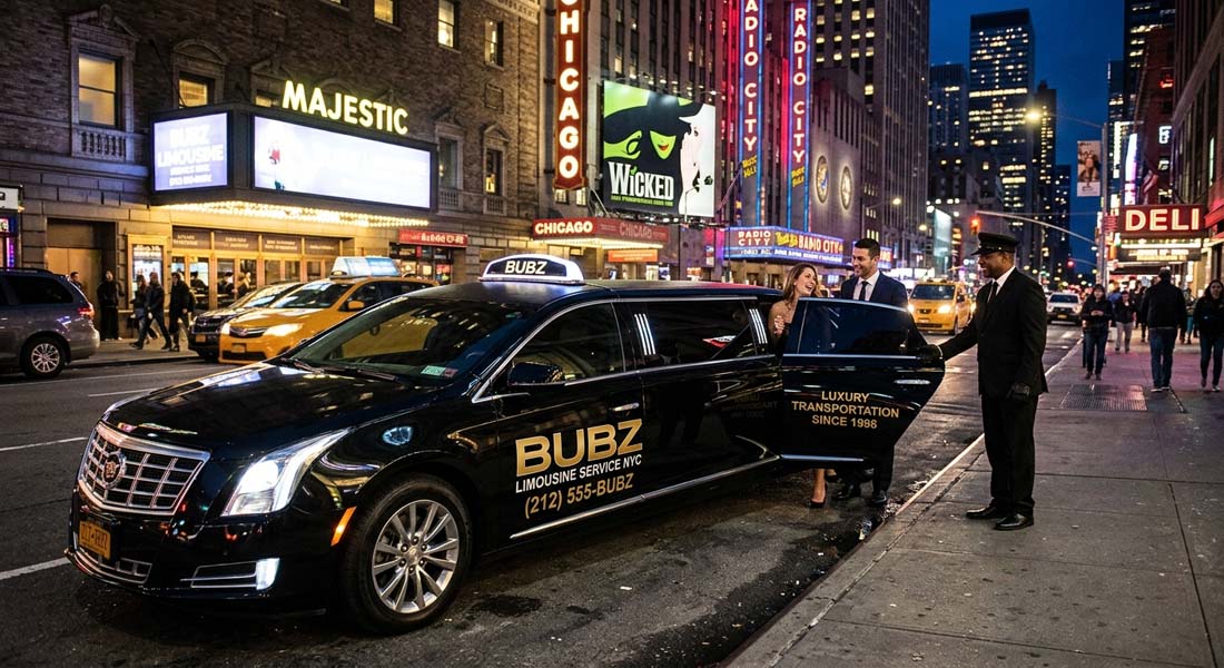 Chauffeur opening black limousine door in Times Square, NYC.