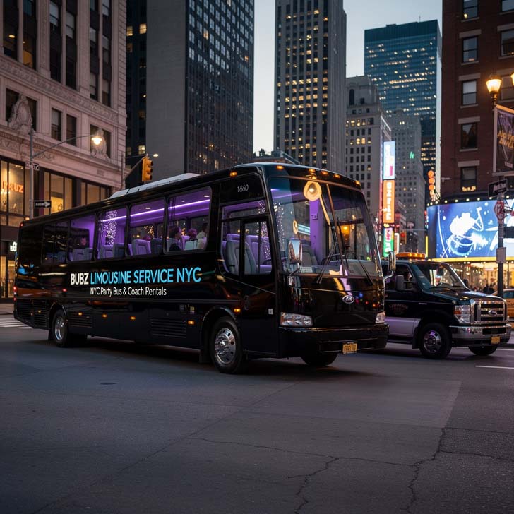 Black Bubz Limousine Service NYC party bus on city street.