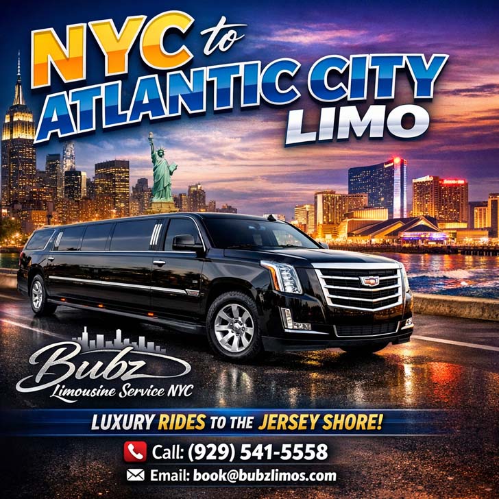 NYC to Atlantic City luxury limousine service advertisement.
