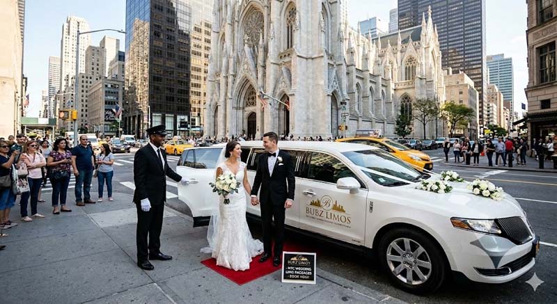 Wedding couple next to a white limo near a cathedral.