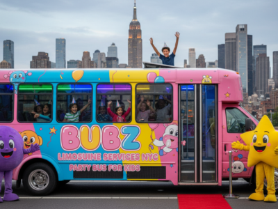 Bubz party bus for kids with mascots in front of NYC.