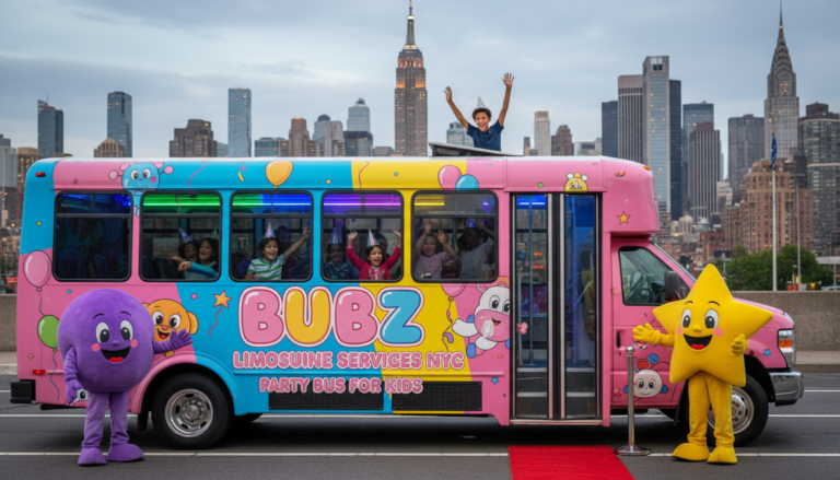 Bubz party bus for kids with mascots in front of NYC.