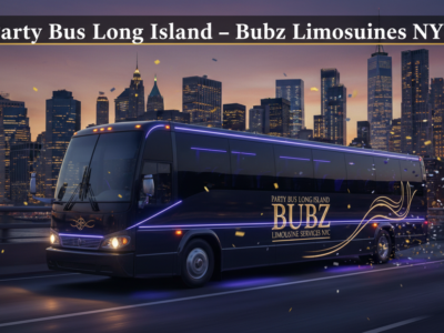 Bubz Party Bus Long Island NYC against city skyline.