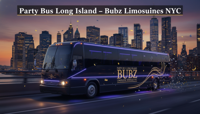 Bubz Party Bus Long Island NYC against city skyline.