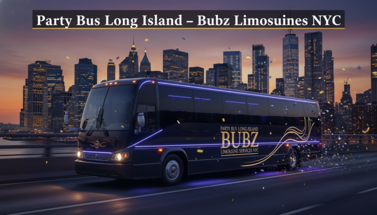 Bubz Party Bus Long Island NYC against city skyline.