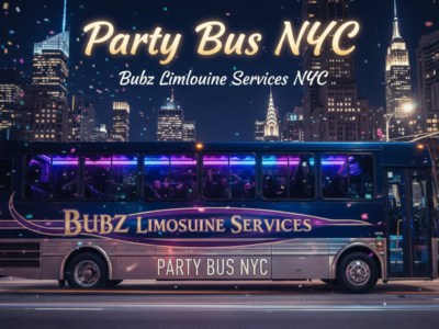 Party Bus NYC by Bubz Limousine Services at night.