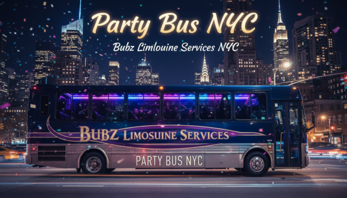 Party Bus NYC by Bubz Limousine Services at night.