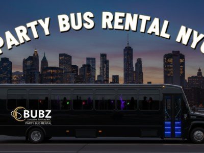 Black party bus rental in NYC with city skyline.