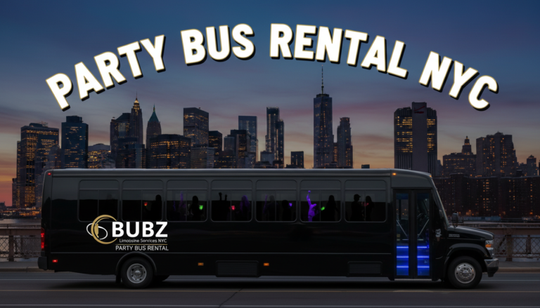 Black party bus rental in NYC with city skyline.
