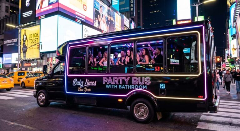 Black party bus with neon lights in Times Square, NYC.