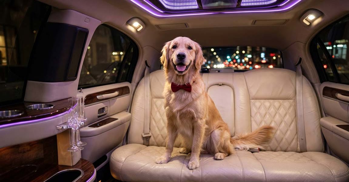 Golden Retriever wearing a red bowtie in a luxury limousine