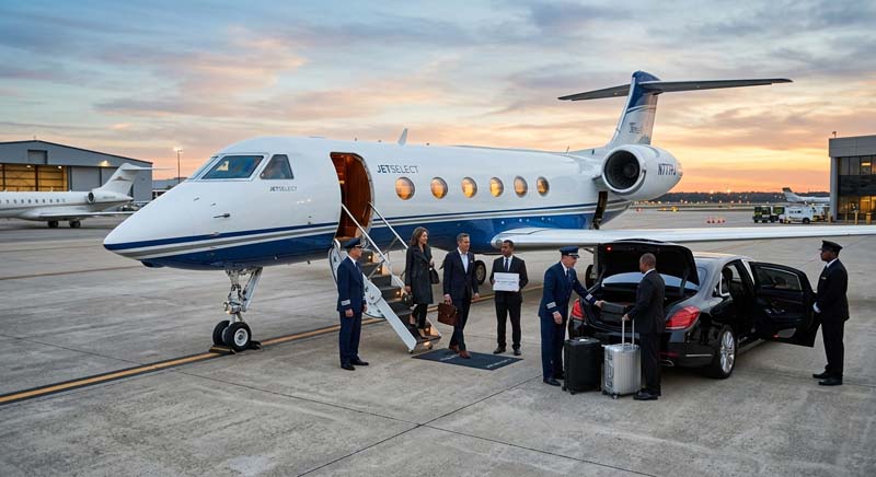 Passengers disembarking a private jet next to a luxury car.