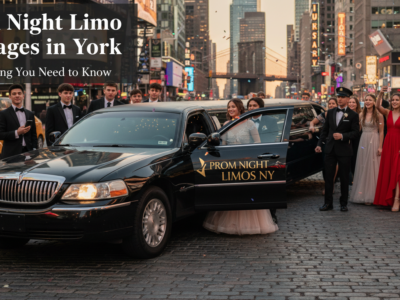 Prom night teens exiting luxury limo in Times Square.