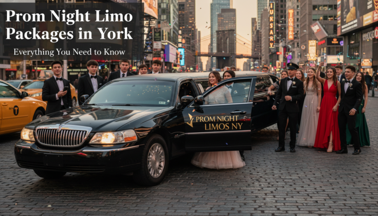 Prom night teens exiting luxury limo in Times Square.
