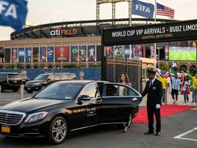 Chauffeur opening luxury car door for woman at Citi Field.