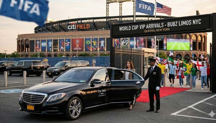 Chauffeur opening luxury car door for woman at Citi Field.
