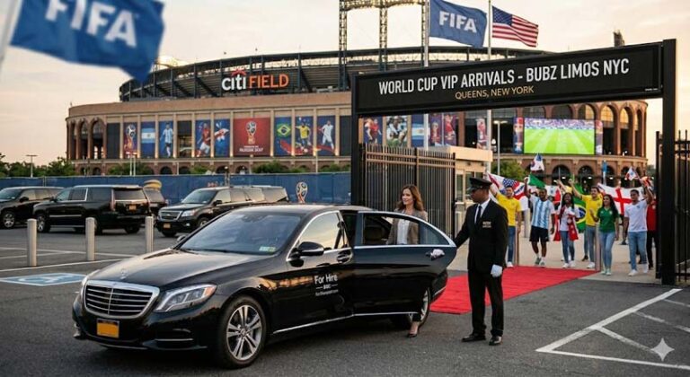 Chauffeur opening luxury car door for woman at Citi Field.