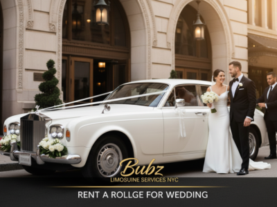 Wedding day: bride, groom, and luxury Rolls-Royce limo.